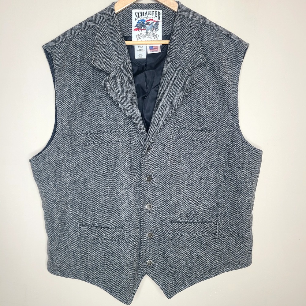 Vtg Schaefer Western Wool Vest Size 2XL Herringbone Charcoal Cowboy Rodeo 707